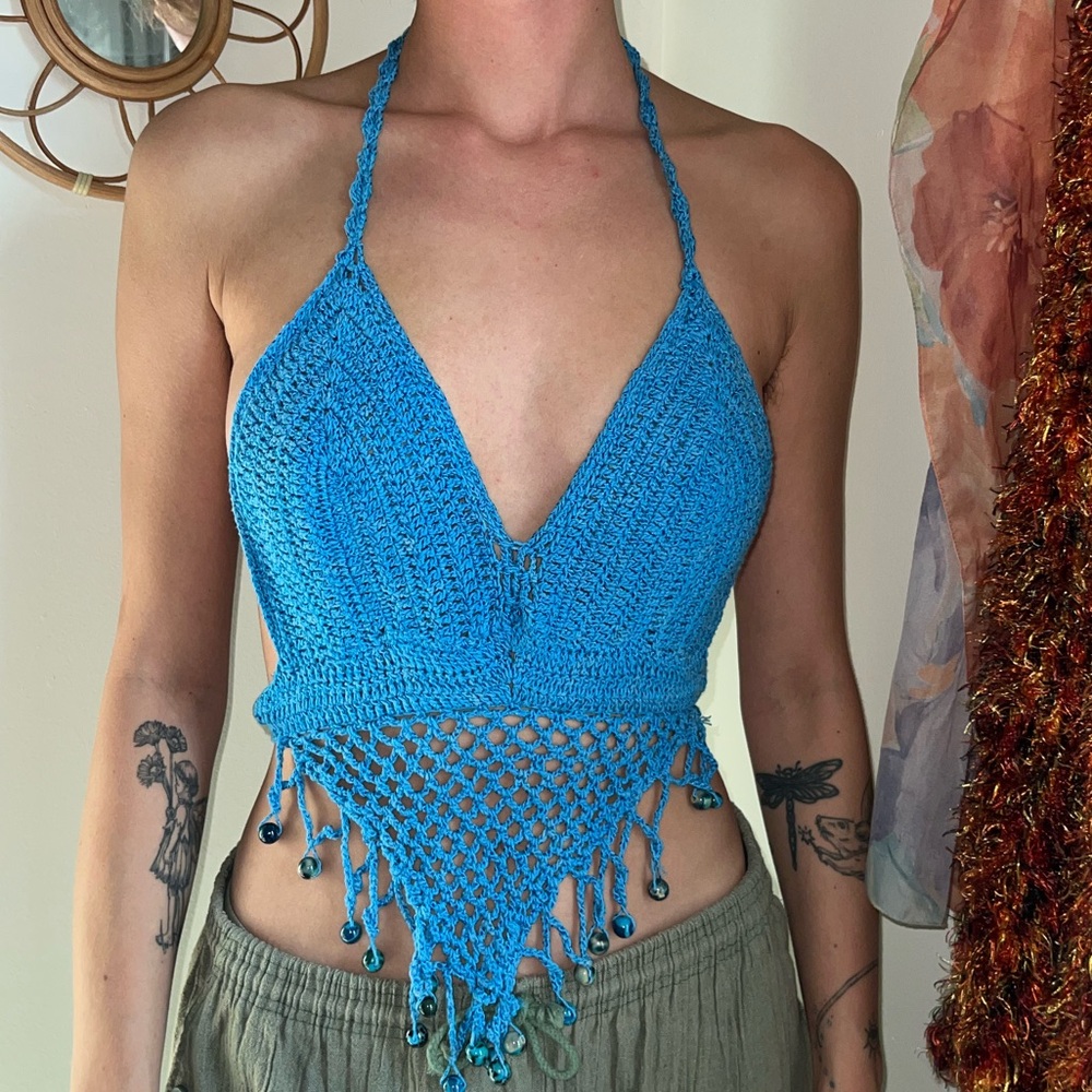 Hand knit top, blue. Like new.